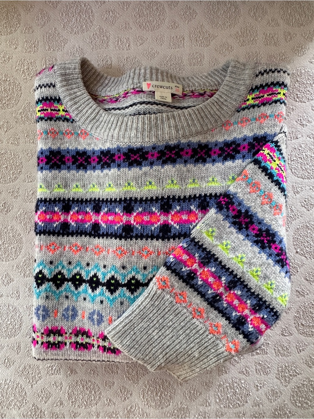 Crewcuts Gray Fair Isle Crewneck Sweater with Neon Pink & Lime Details